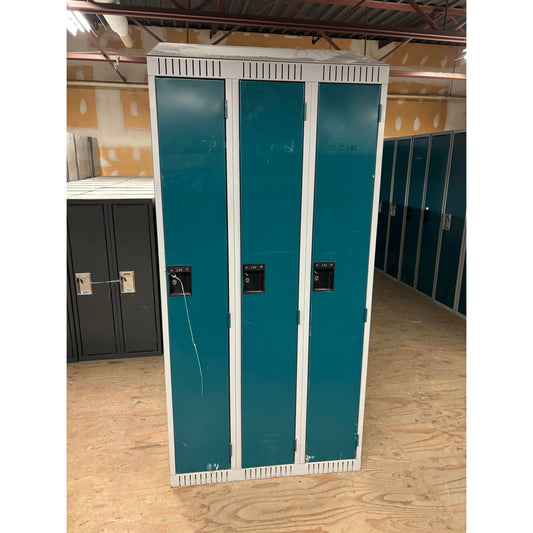 Full Door 3 Column Set of Green Used Lockers